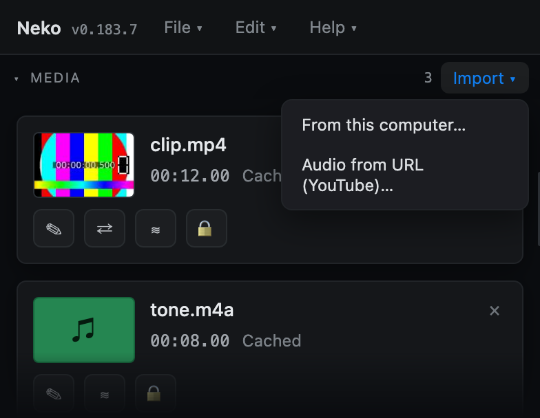The Import menu with local-file and URL options