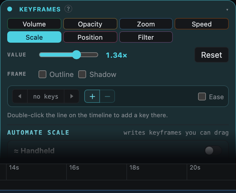 The Keyframes inspector with property controls and an exact value field