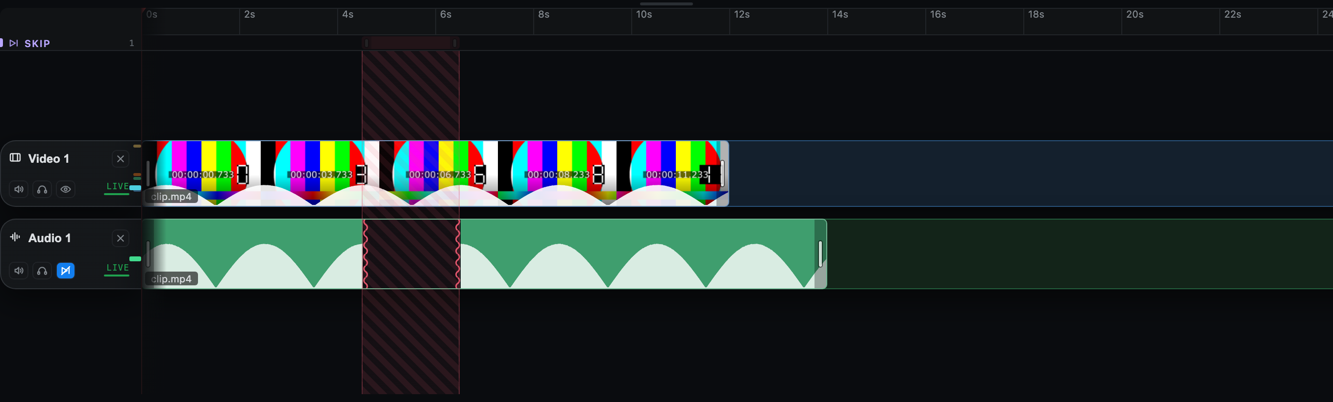 An audio row with a torn break where music continues through a skip