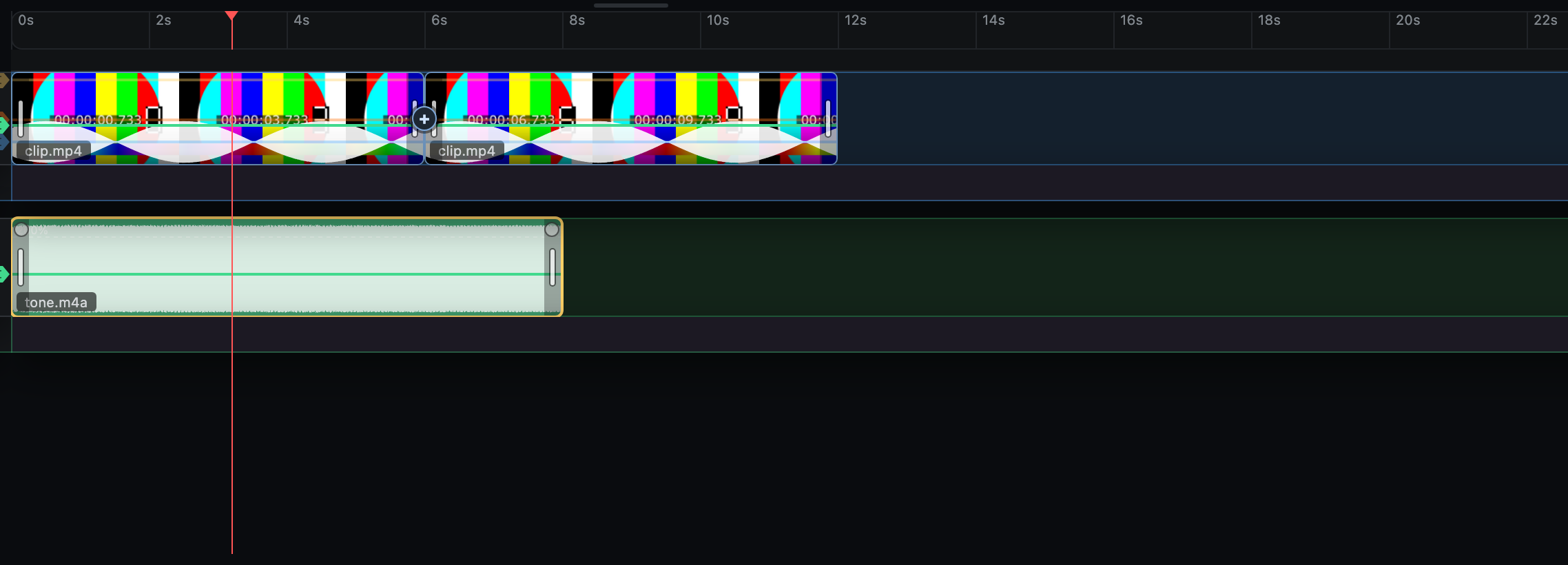 The timeline with ruler, video tracks, audio tracks, filmstrips, and waveforms