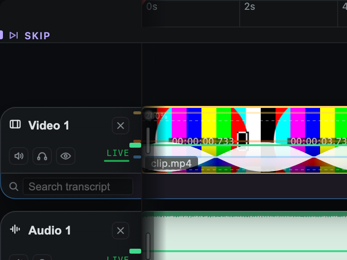 Track headers with name, delete, mute, solo, hide, and live controls