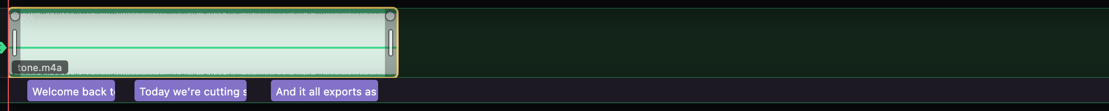 Transcript cues beneath an audio clip