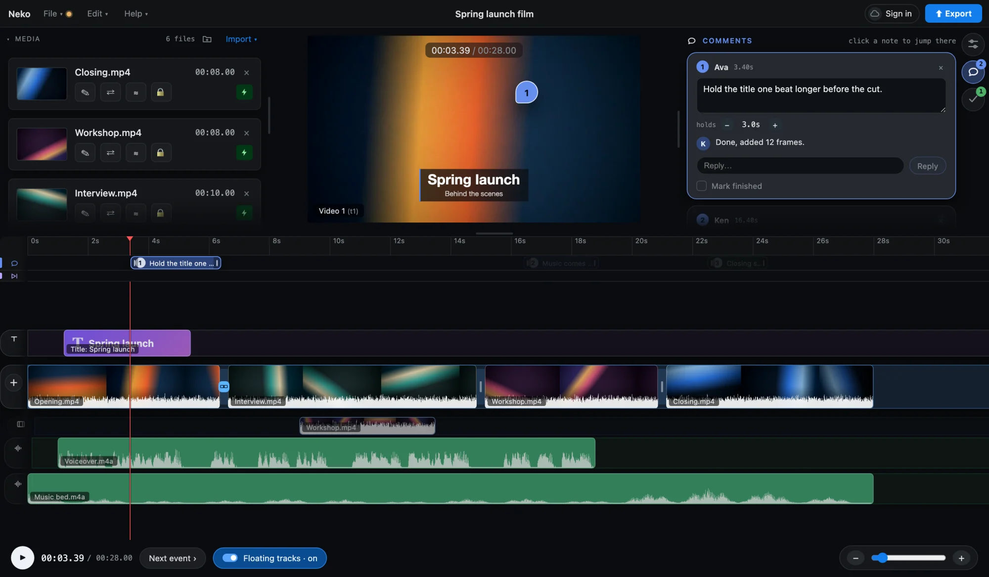 The Nekocut editor on a computer: media, a preview with a numbered review note pinned to the picture, a comment thread, and a timeline with a title, four video clips, a voice-over and music.