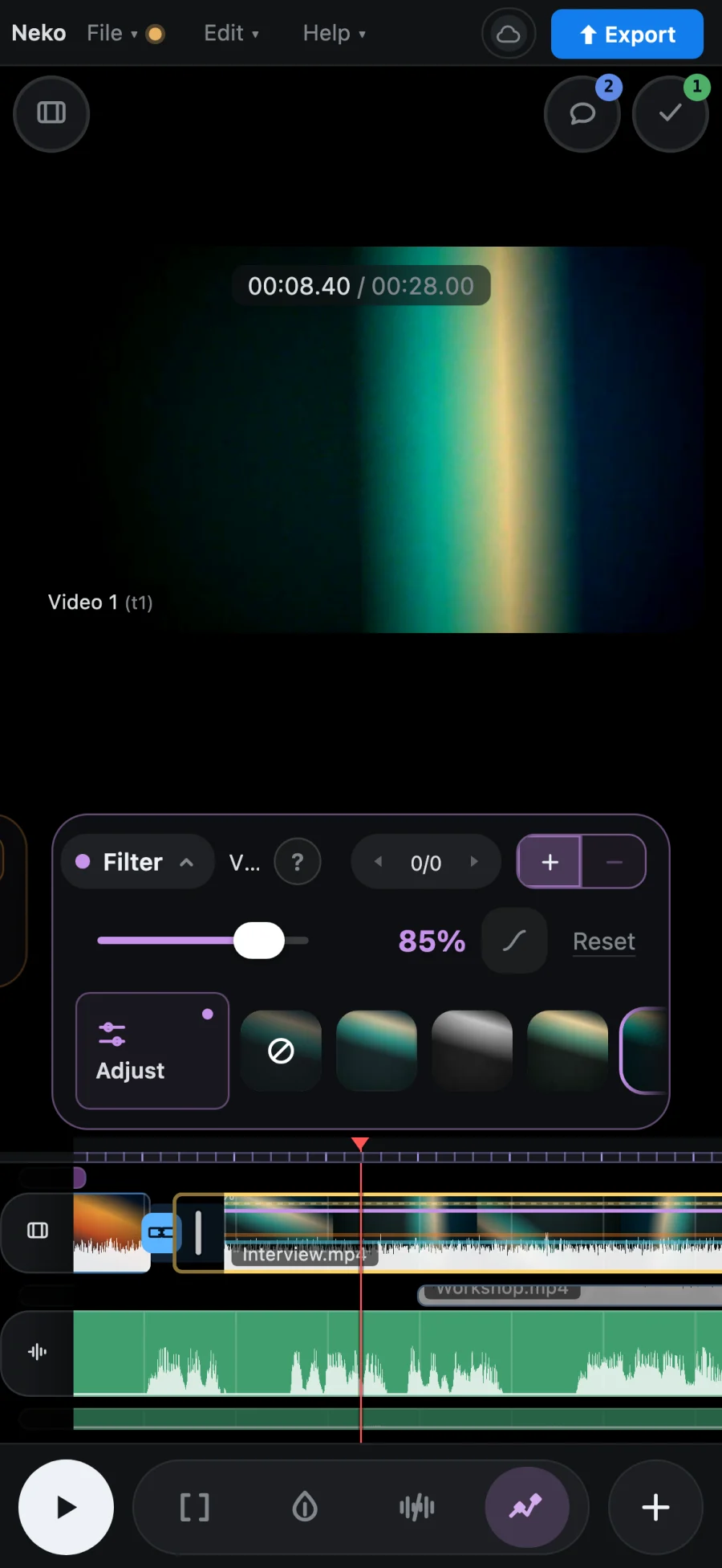 The same project on a phone: the preview, the Filter card open over it, and the tracks below.